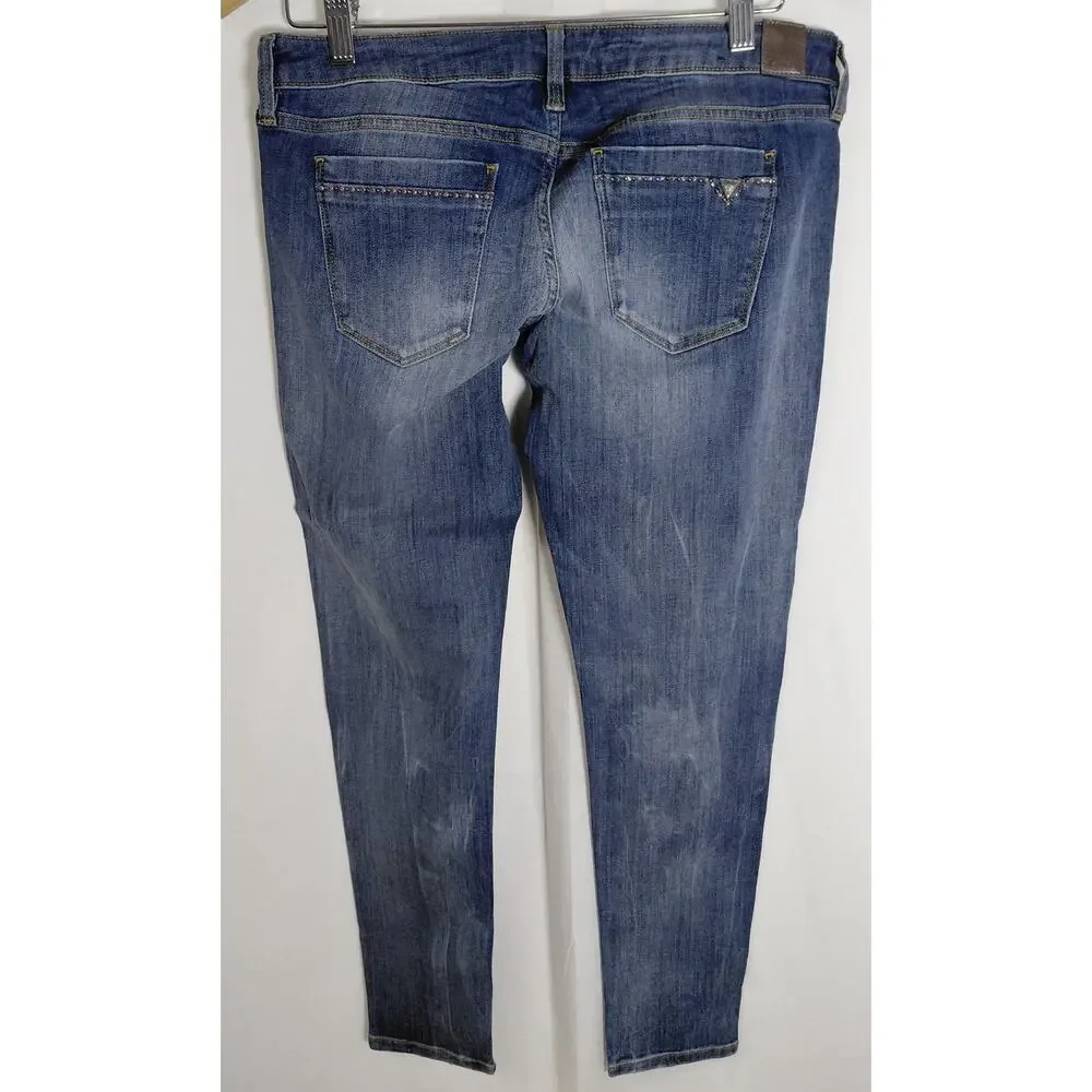 Guess Blue  Medium Wash Rhinestone Pocket Skinny Jeans Women Size 31